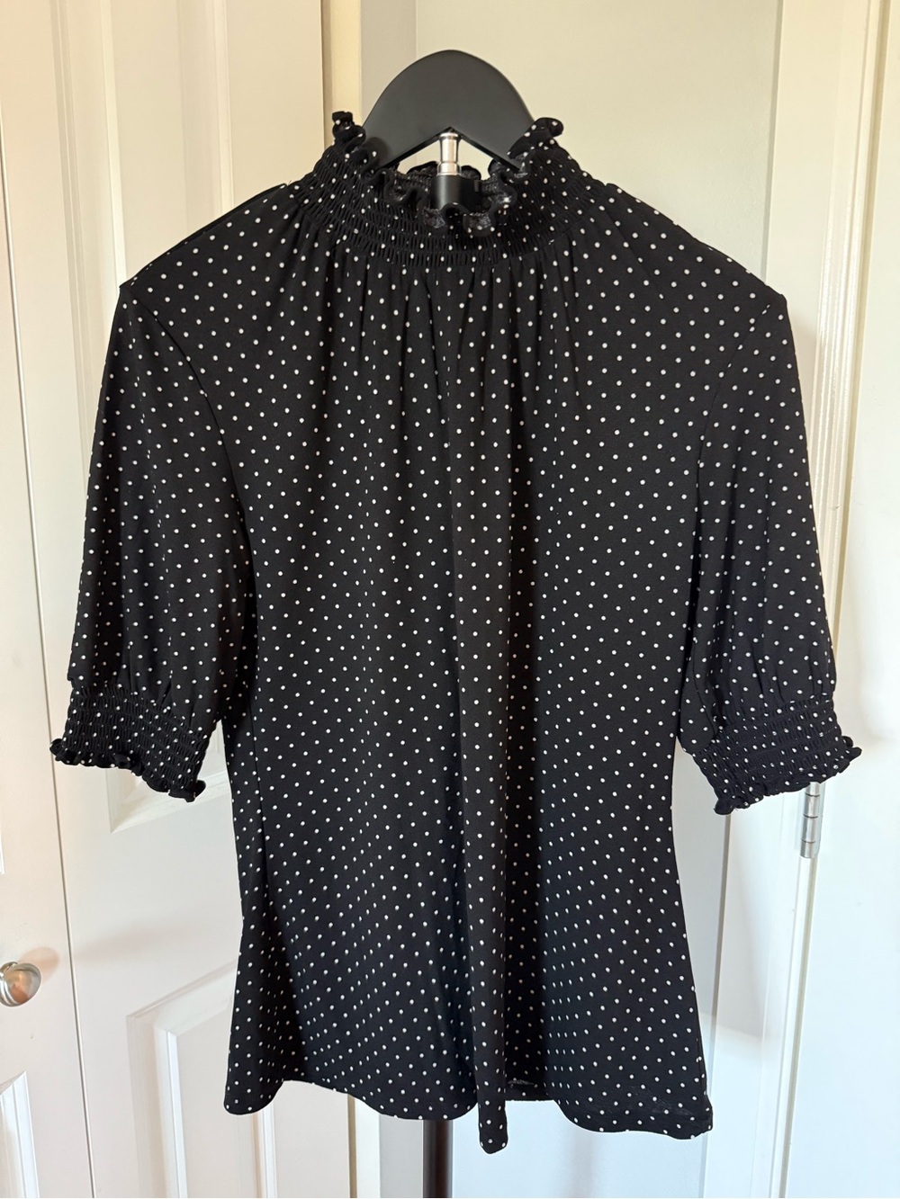 Halogen Black Top with White Polka Dots and Smocked Neck